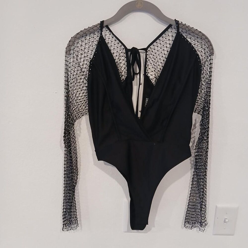Envme Black Bodysuit Mesh Rhinestone Sleeves Size Small